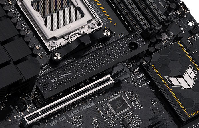 A close look at the M.2 slot and heatsink on the TUF Gaming B650-Plus WiFi
