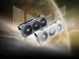 Two TUF Gaming graphics cards against a background of deep space with the TUF logo