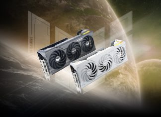 Two TUF Gaming graphics cards against a background of deep space with the TUF logo