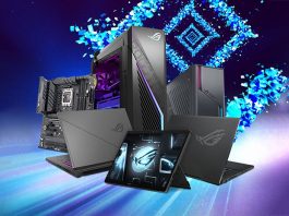 A variety of ROG gaming products against a stylized background of rays of colorful light