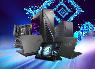 A variety of ROG gaming products against a stylized background of rays of colorful light