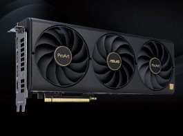 A front view of a ProArt graphics card against a rendering background