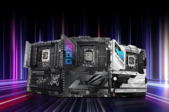 Three ASUS motherboards against a colorful background of lines of light