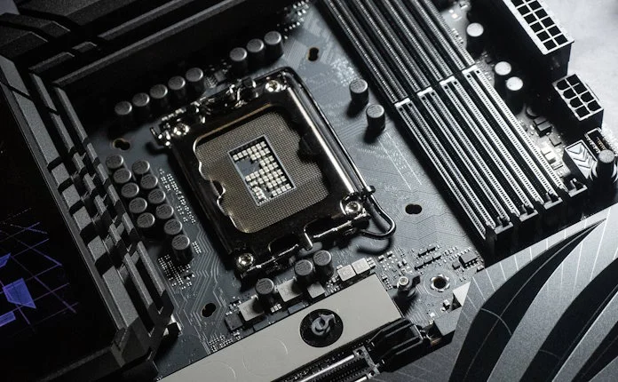 A closeup view of the LGA 1700 socket on the ROG Maximus Z790 Dark Hero motherboard