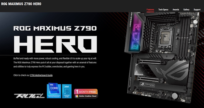 A screenshot of the product page for the ROG Maximus Z790 Hero motherboard showing the link for the support site 