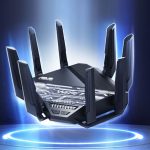 An ASUS WiFi 7 router hovering against a stylized sci-fi background