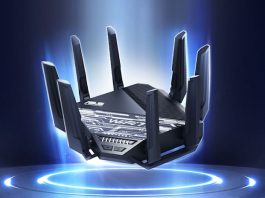 An ASUS WiFi 7 router hovering against a stylized sci-fi background