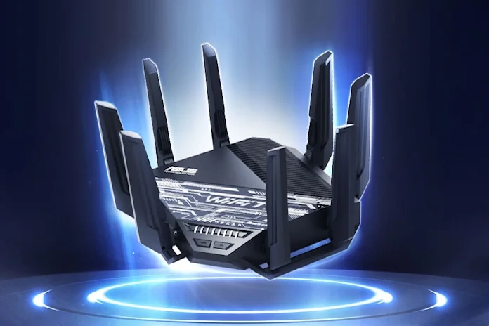 An ASUS WiFi 7 router hovering against a stylized sci-fi background