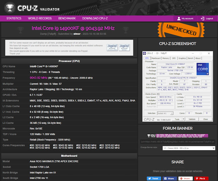 A screenshot showing the 9043.92 MHz overclock achieved with the ROG Maximus Z790 Apex Encore