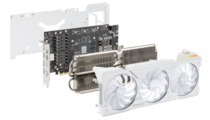The TUF Gaming GeForce RTX 4070 Ti White graphics card shot from the front side