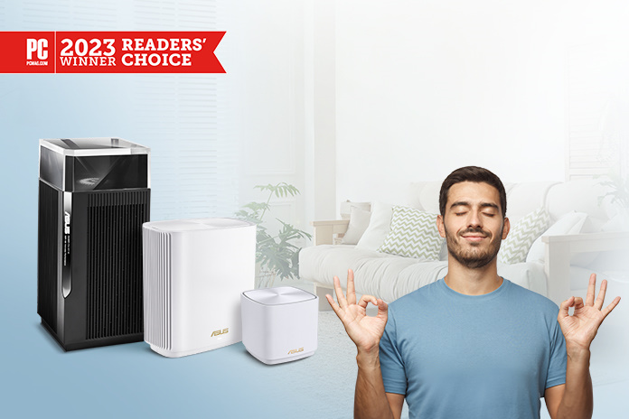 A banner indicating that ASUS ZenWiFi systems won the PC magazine 2023 reacher's choice award, with the picture of a satisfied man in front of a living room and several ZenWiFi systems