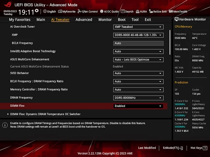 Screenshot of BIOS showing DIMM Flex enabled.