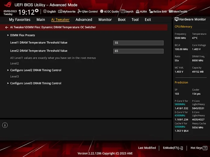 Screenshot of BIOS showing DIMM Flex temperature threshold values.