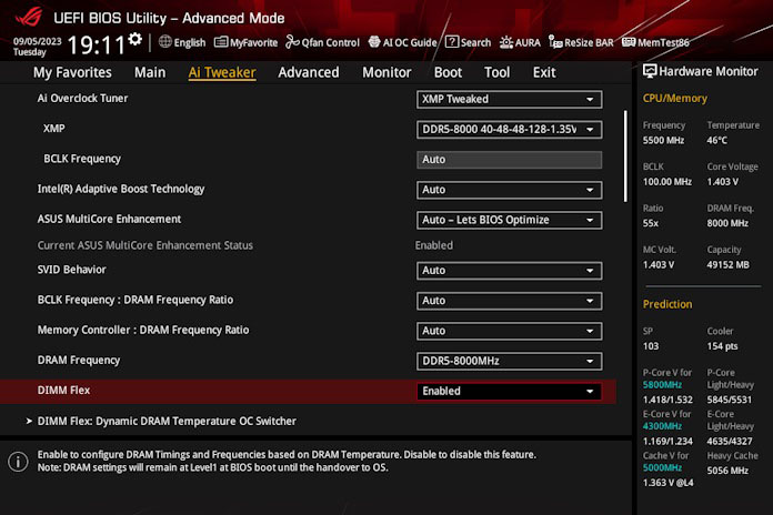 Screenshot of BIOS showing DIMM Flex enabled.