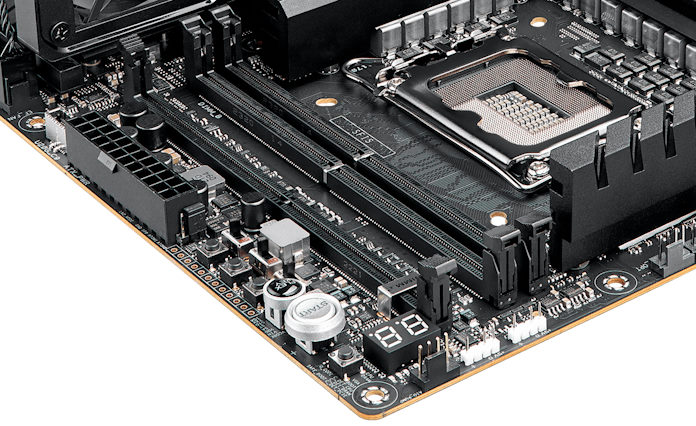 The DDR5 memory slots on the Apex Encore motherboard