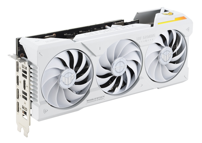 The TUF Gaming GeForce RTX 4070 Ti White graphics card shot from the front side
