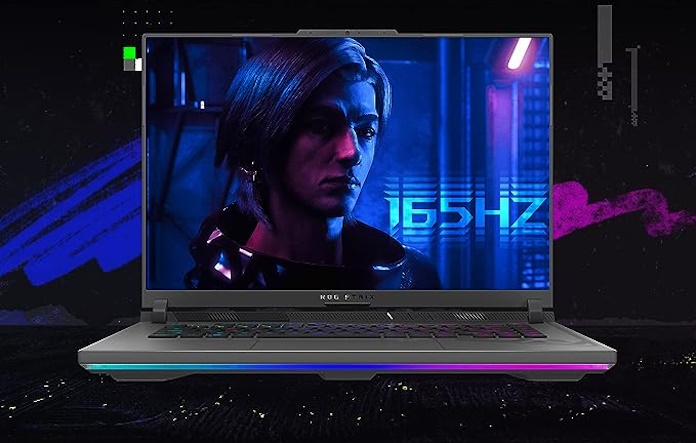 A front view of the ROG Strix G16 gaming laptop with a display running at 165Hz