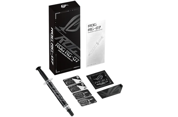 The ROG RG-07 thermal paste kit laid out on a white background.