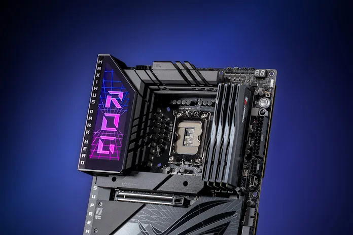 The ROG Maximus Z790 Dark Hero motherboard on a blue background.