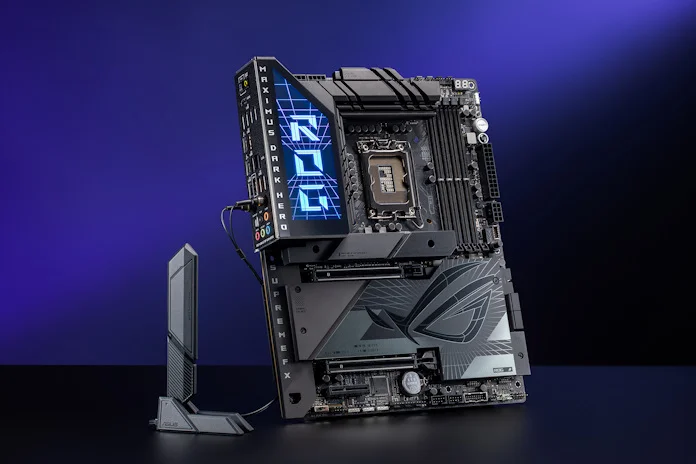 The ROG Maximus Z790 Dark Hero motherboard with the Q-Antenna on a blue background.