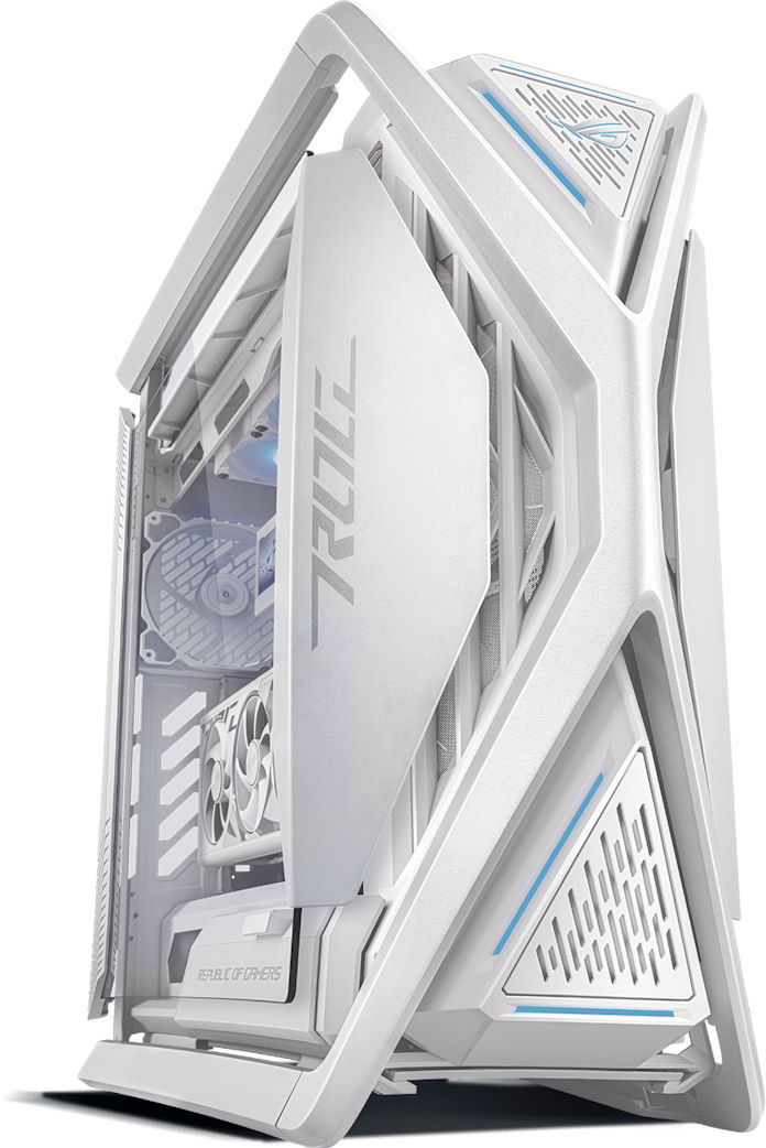 The ROG Hyperion White PC chassis with installed white ROG components 