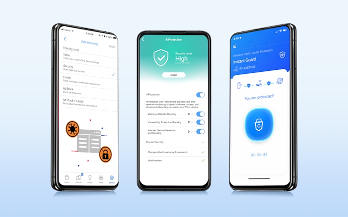 Three ASUS smartphones showing AiProtection features available through the ASUS Router App