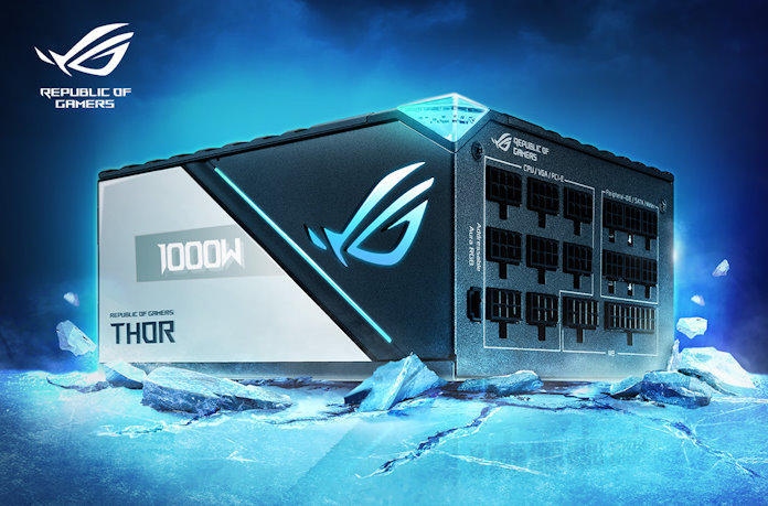 The ROG Thor 1000W Platinum II power supply ona stylized base of cracking ice