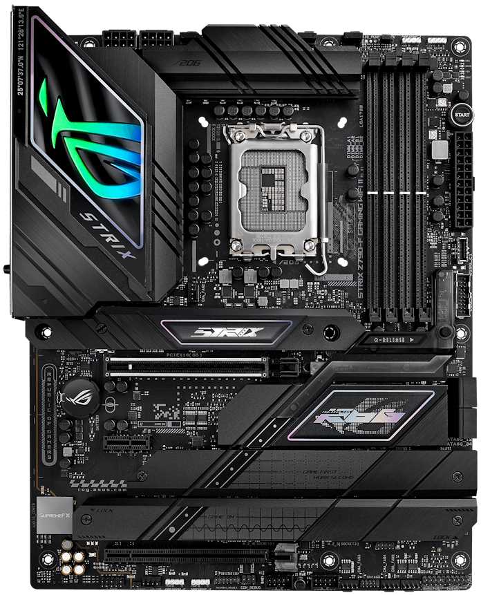 Three ASUS motherboards against a colorful background of lines of light