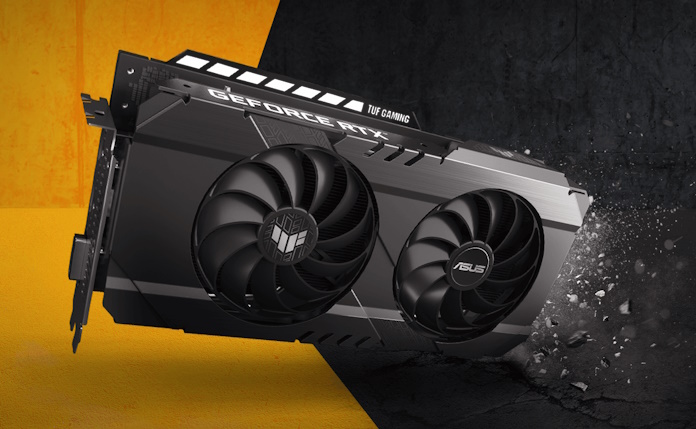 The TUF Gaming GeForce RTX 3050 graphics card against a stylized background of yellow and black