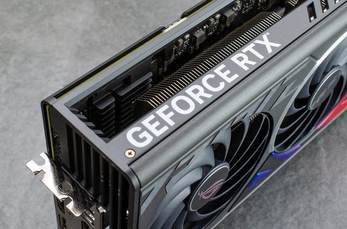 The thick heatsink of the ROG Strix GeForce RTX 4070 Ti graphics card