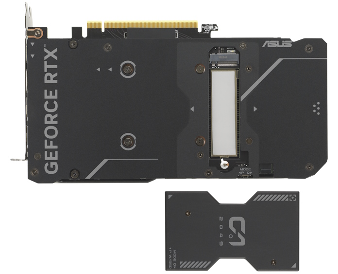 The ASUS Dual GeForce RTX 4060 Ti SSD graphics card from a rear view showing the M.2 slot and the detachable heatsink cover