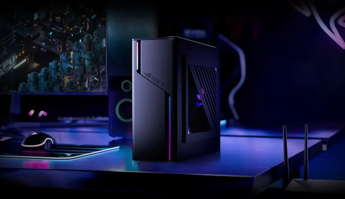 ROG G22CH desktop gaming PC on a desk with ROG gaming peripherals