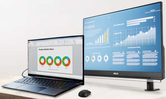 The spacious ZenScreen Mb249C display connected to a laptop on a desk using the included C-clamp