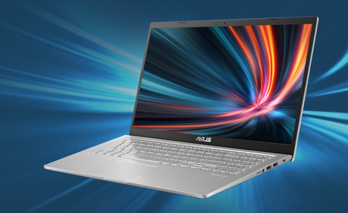The ASUS F515 laptop against a stylized blue background