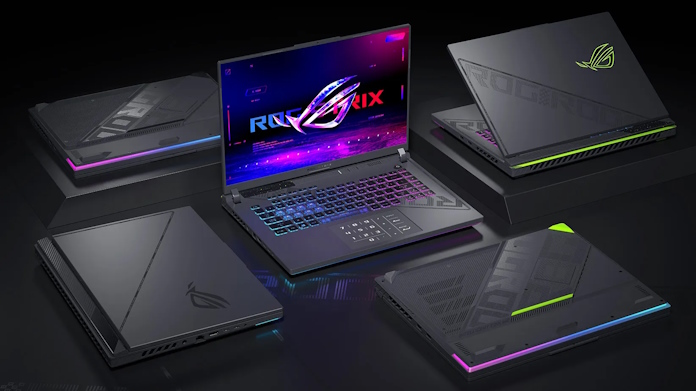 Five ROG Strix G16 laptops arranged on a table to show the different sides