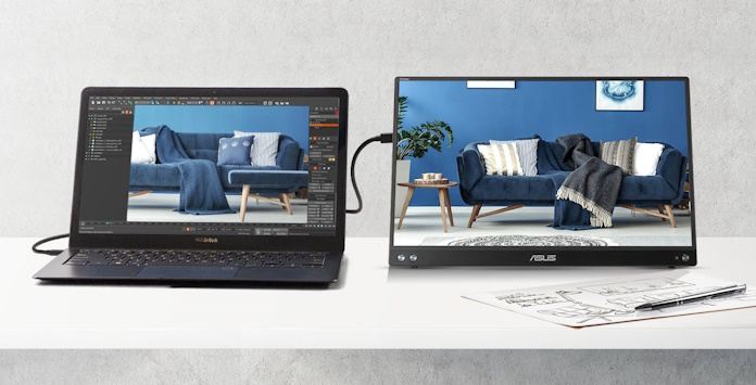 The ZenScreen MB16ACV portable display connected to an ASUS laptop on a desk with paper and pen