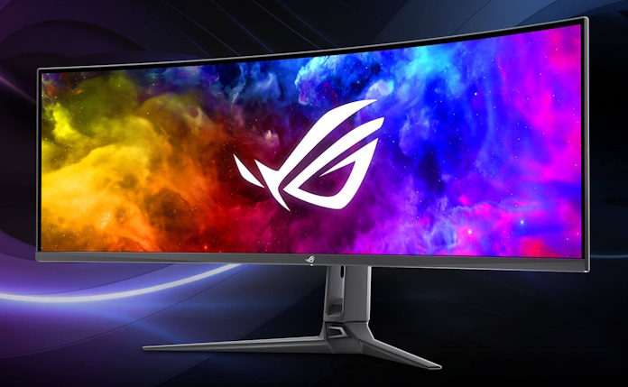 The ROG Swift OLED PG49WCD monitor against a stylized cyberpunk background