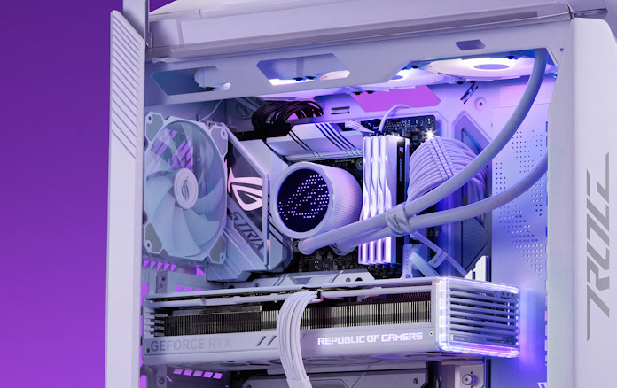 A white-themed ROG build with a closeup look at the AIO liquid CPU cooler