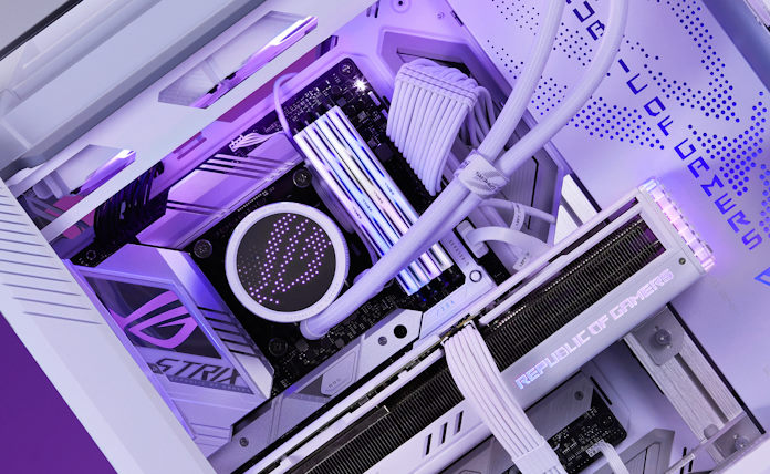 A closeup view of the ROG Ryuo III 360 ARGB White Edition AIO liquid CPU cooler