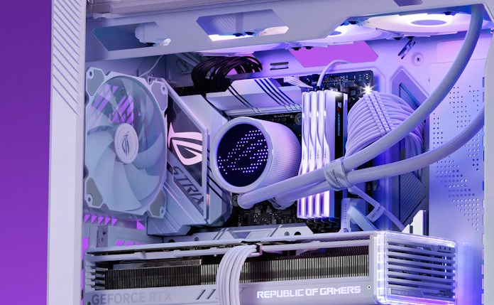 The ROG Ryuo III 360 ARGB AIO liquid cooler installed in a white-themed ROG PC build