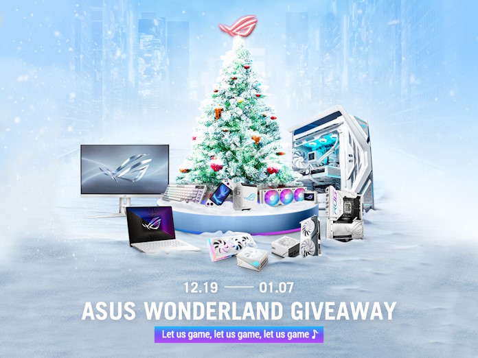 A banner for the ASUS Wonderland Giveaway, running between 12/19/23 and 01/07/24. The image shows a variety of ROG gaming products underneath a Christmas tree and the tagline "Let us game, let us game, let us game."