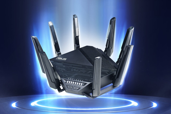 The ASUS RT-BE96U tri-band WiFi 7 router against a stylized background