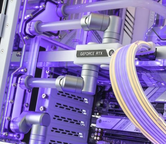 A closeup of the liquid cooling block and custom cooling loop on the ROG Strix GeForce RTX 4090 in the build that Stuart Tonks made for Scotty Pippen Jr.