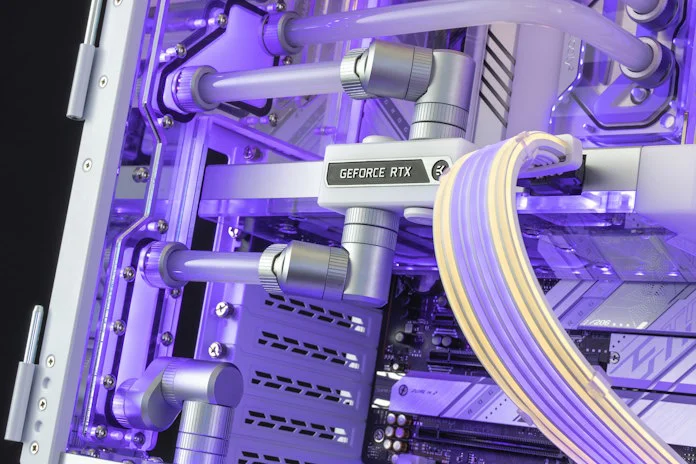 A closeup of the liquid cooling block and custom cooling loop on the ROG Strix GeForce RTX 4090 in the build that Stuart Tonks made for Scotty Pippen Jr.