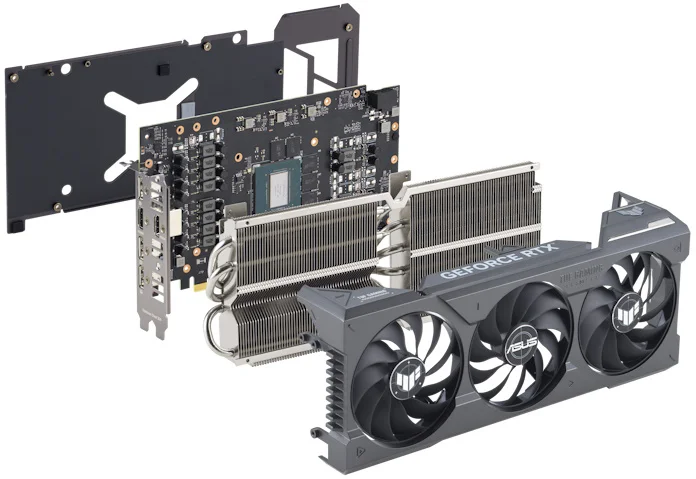 Exploded view of the graphics card showing the cooling solution and PCB in detail