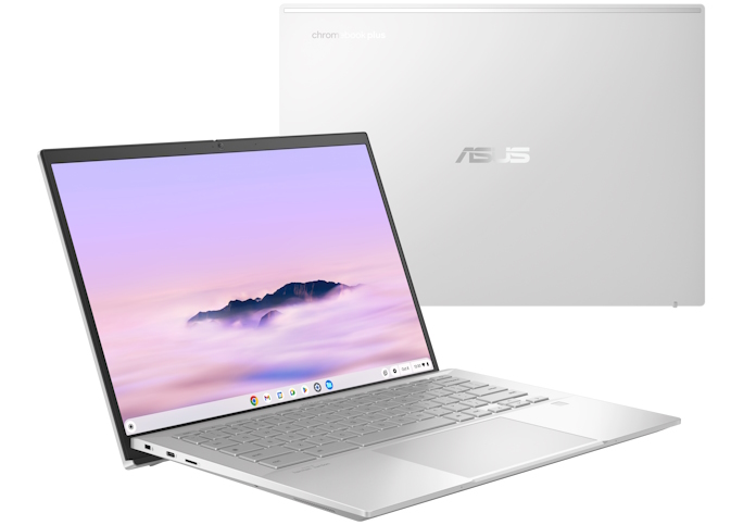 Two ASUS ExpertBook CX54 Chromebook Plus laptops floating in the air in front of a stylized window looking out on a foggy landscape