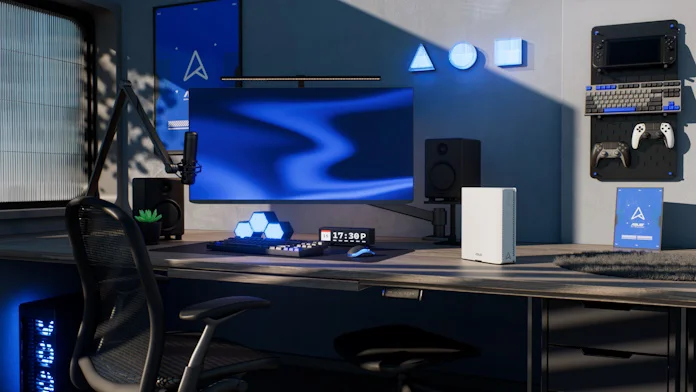 A gaming room with ASUS hardware using a ZenWiFi BQ16 Pro mesh WiFi system
