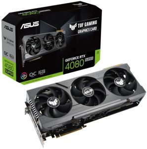The TUF Gaming GeForce RTX 4080 SUPER graphics card with its packaging