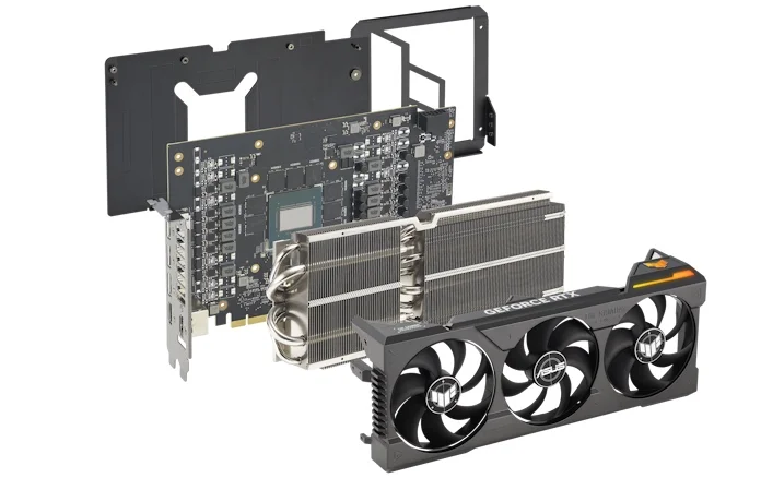 An exploded view of the graphics card showing the different layers of its construction
