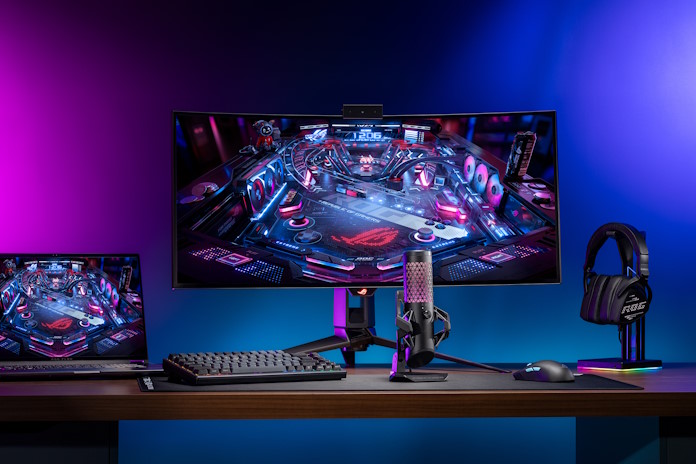A full ROG desktop PC gaming setup including the ROG Carnyx microphone